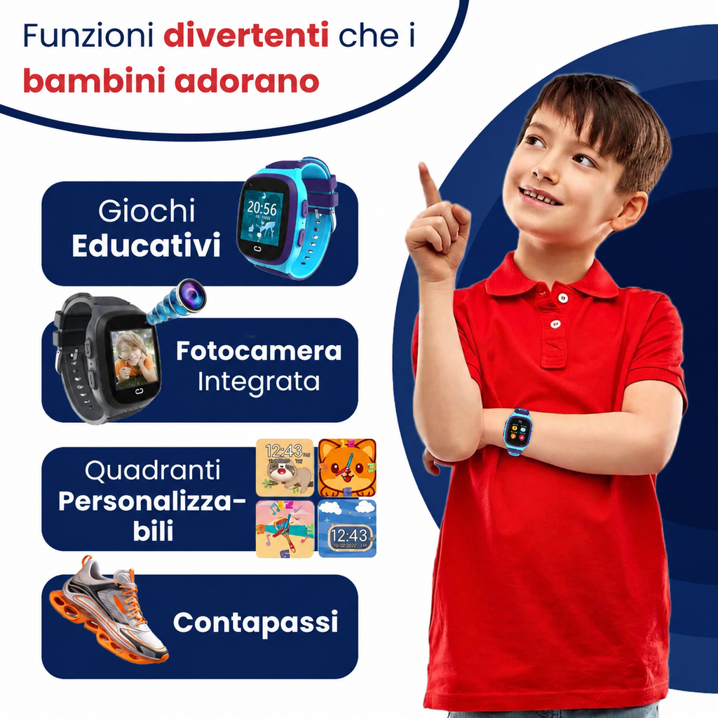 Smartwatch GPS 4G FALIVELLI con pulsante SOS e zona sicura per la protezione dei bambini