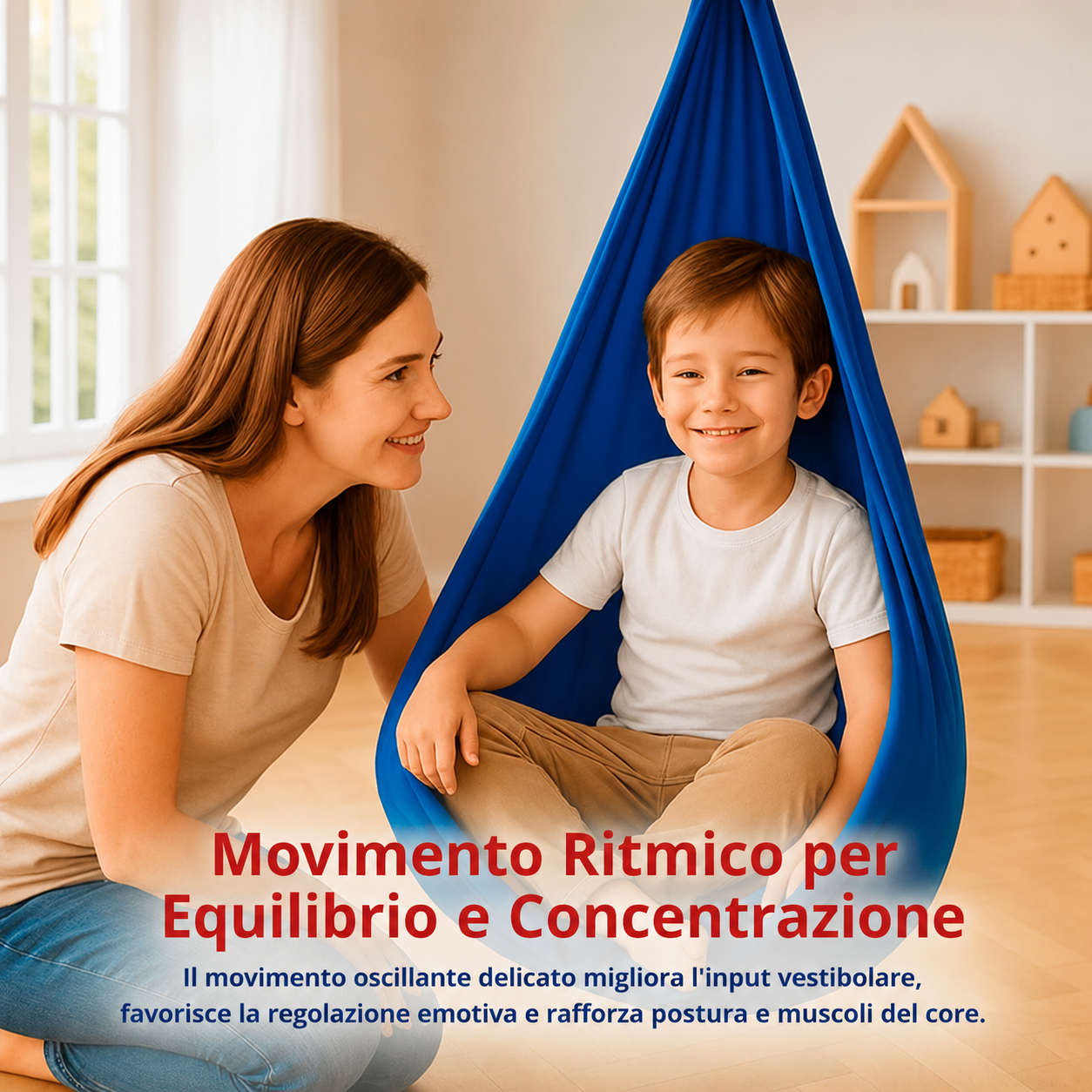 Altalena sensoriale appesa in camera da letto, creando uno spazio tranquillo per bambini con autismo