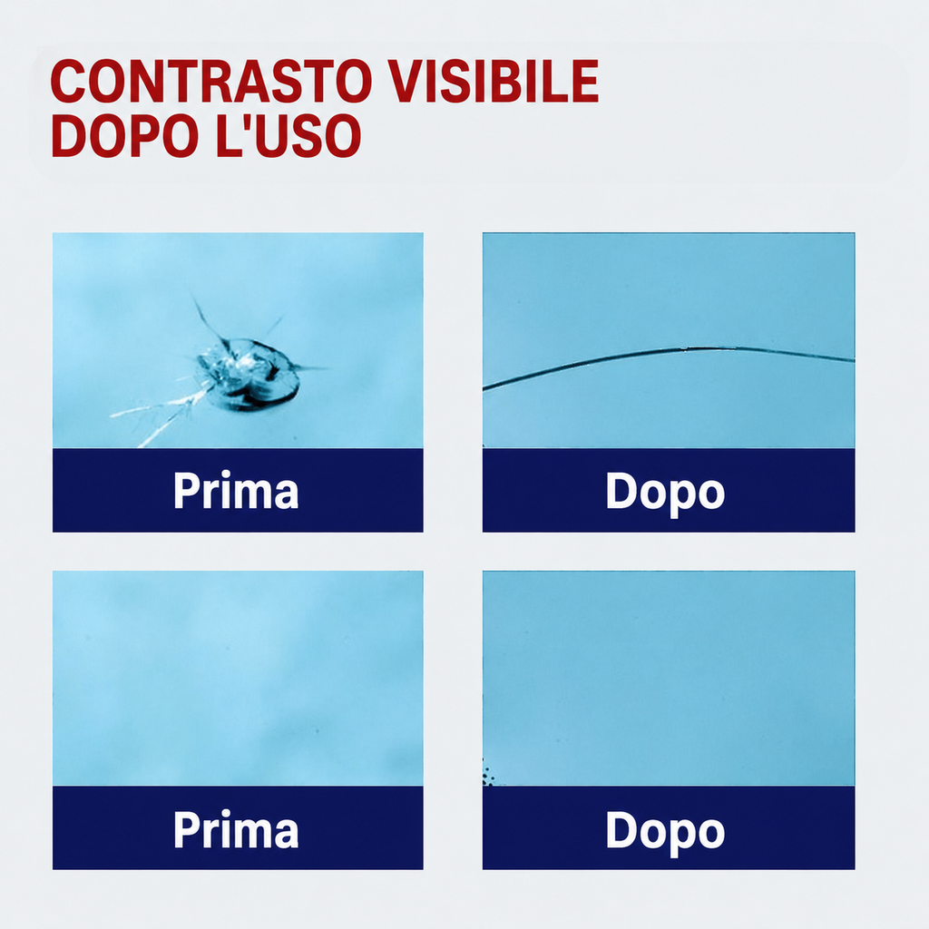 Risultati prima e dopo la riparazione di graffi su vetro auto con VerreFix