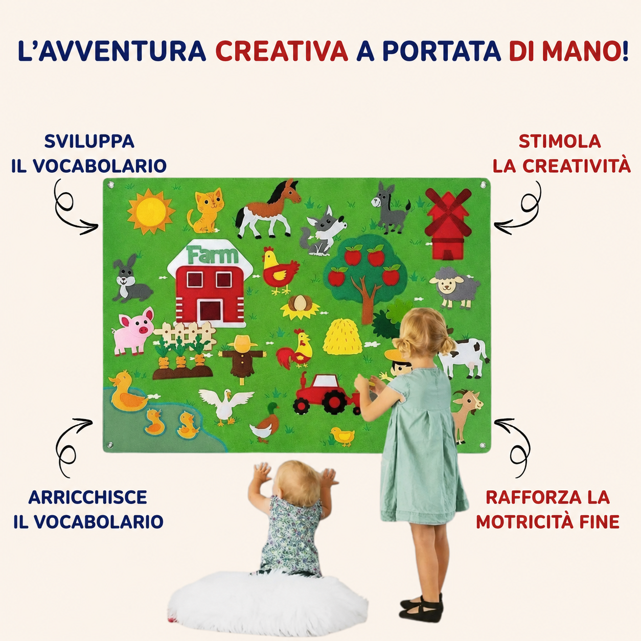 Bambino che gioca con il pannello in feltro Montessori Fattoria creando scene interattive