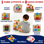 Dettaglio delle attività del cubo MINDBLOX: labirinto di perline, xilofono, orologio e forme da incastrare