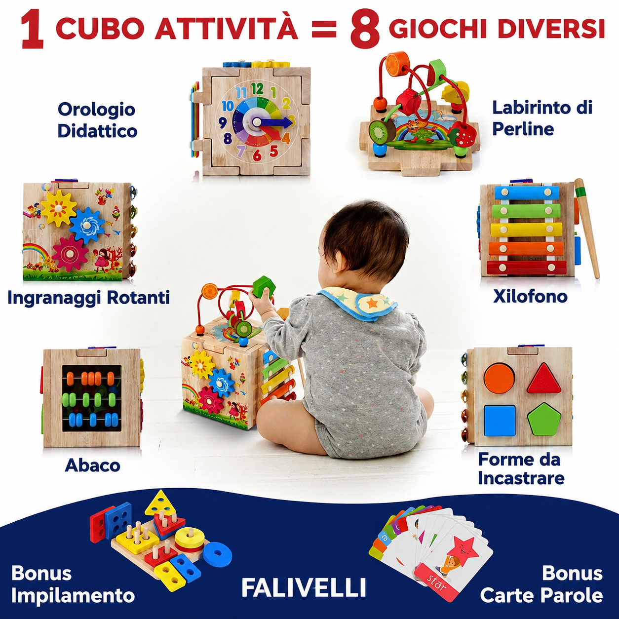 Dettaglio delle attività del cubo MINDBLOX: labirinto di perline, xilofono, orologio e forme da incastrare
