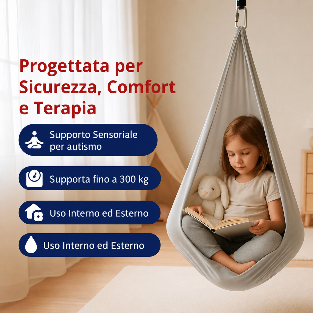 Bambino che si dondola nell'altalena terapeutica, sviluppando equilibrio e consapevolezza corporea