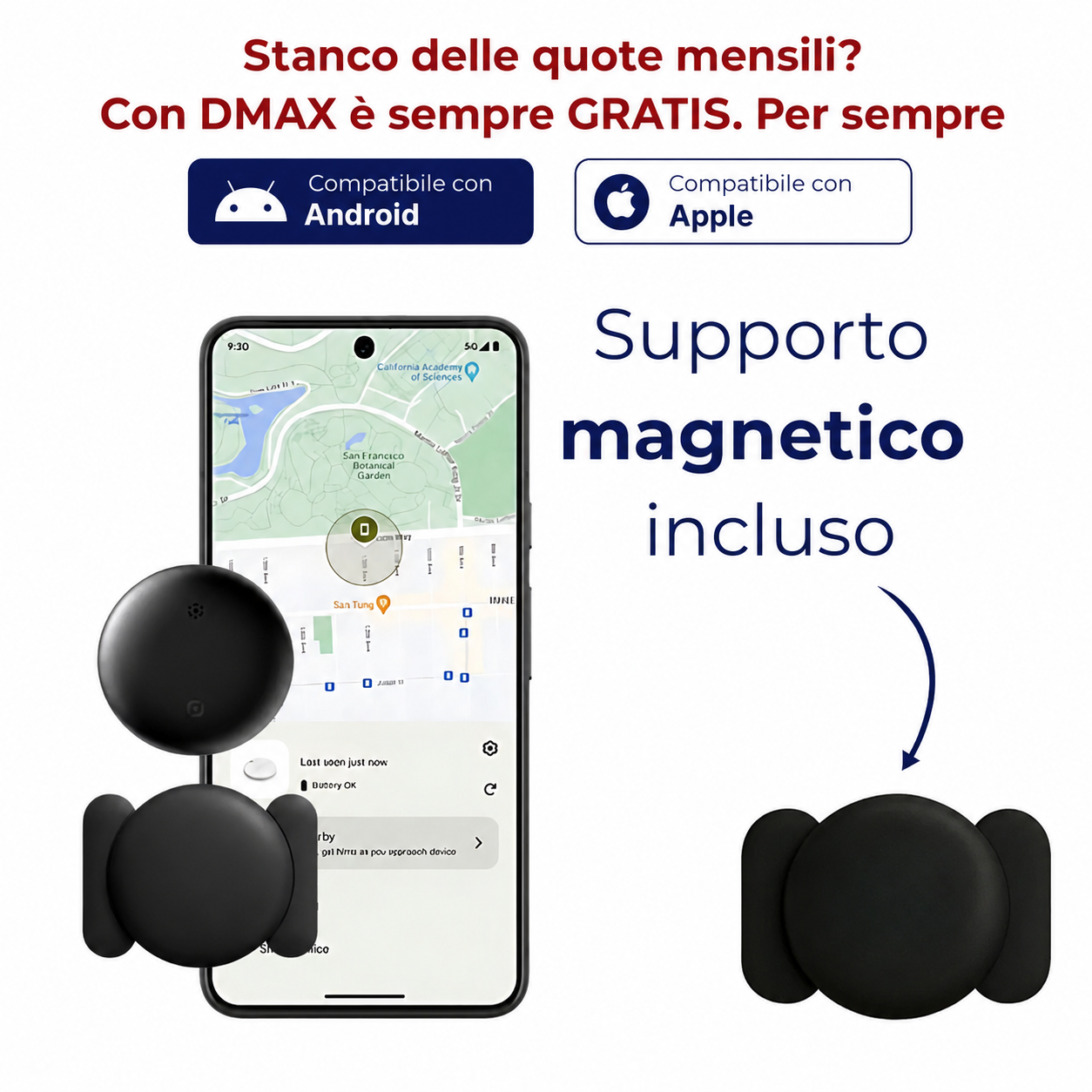 Batteria CR2032 inclusa nel tracker GPS con autonomia fino a 12 mesi di utilizzo continuo
