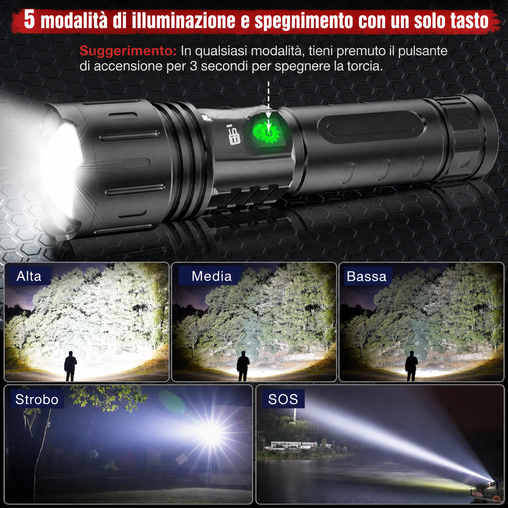 Torcia tattica FALIVELLI impermeabile IPX5 con cinque modalità di illuminazione selezionabili