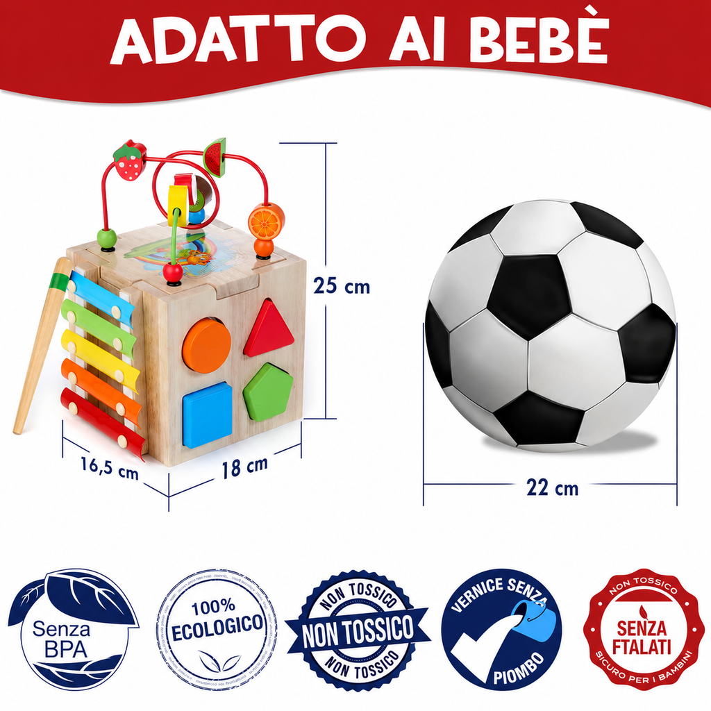 Bambino felice che impara giocando con il cubo Montessori MINDBLOX 8 in 1