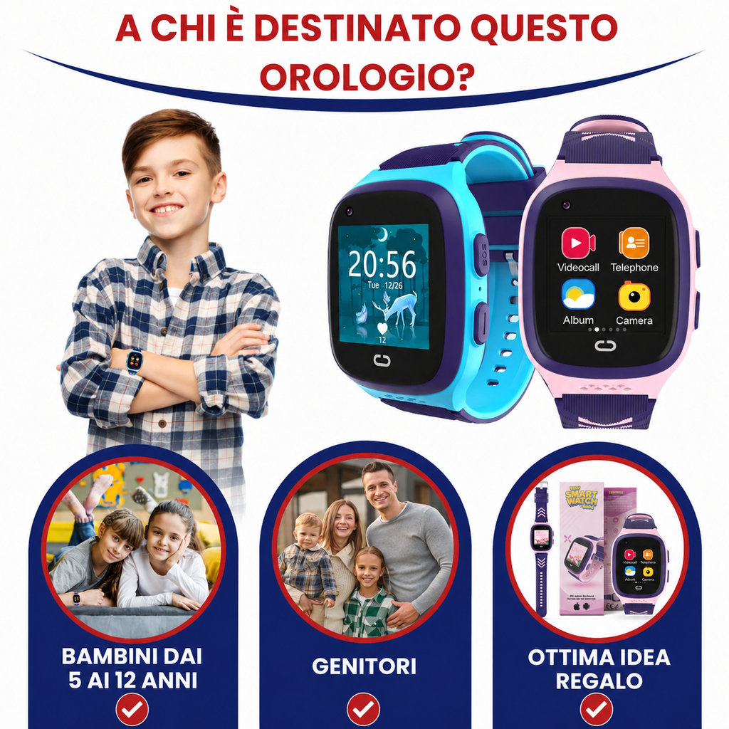 Smartwatch GPS 4G bambini FALIVELLI disponibile in tre colori vivaci: Blu, Rosa e Nero