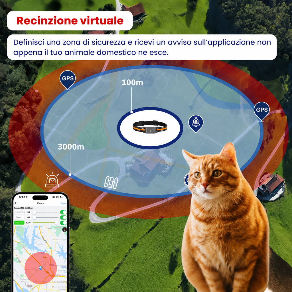 Specifiche tecniche del localizzatore GPS: batteria 500 mAh, precisione 2-3 metri, autonomia 8-12 giorni
