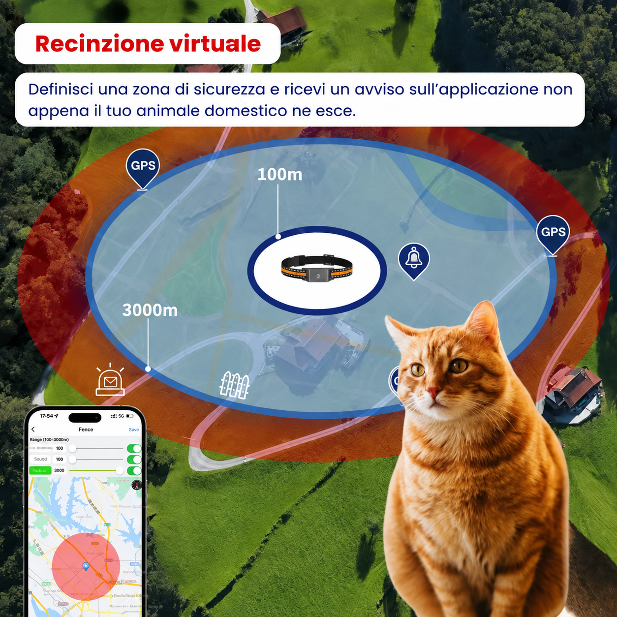 Specifiche tecniche del localizzatore GPS: batteria 500 mAh, precisione 2-3 metri, autonomia 8-12 giorni