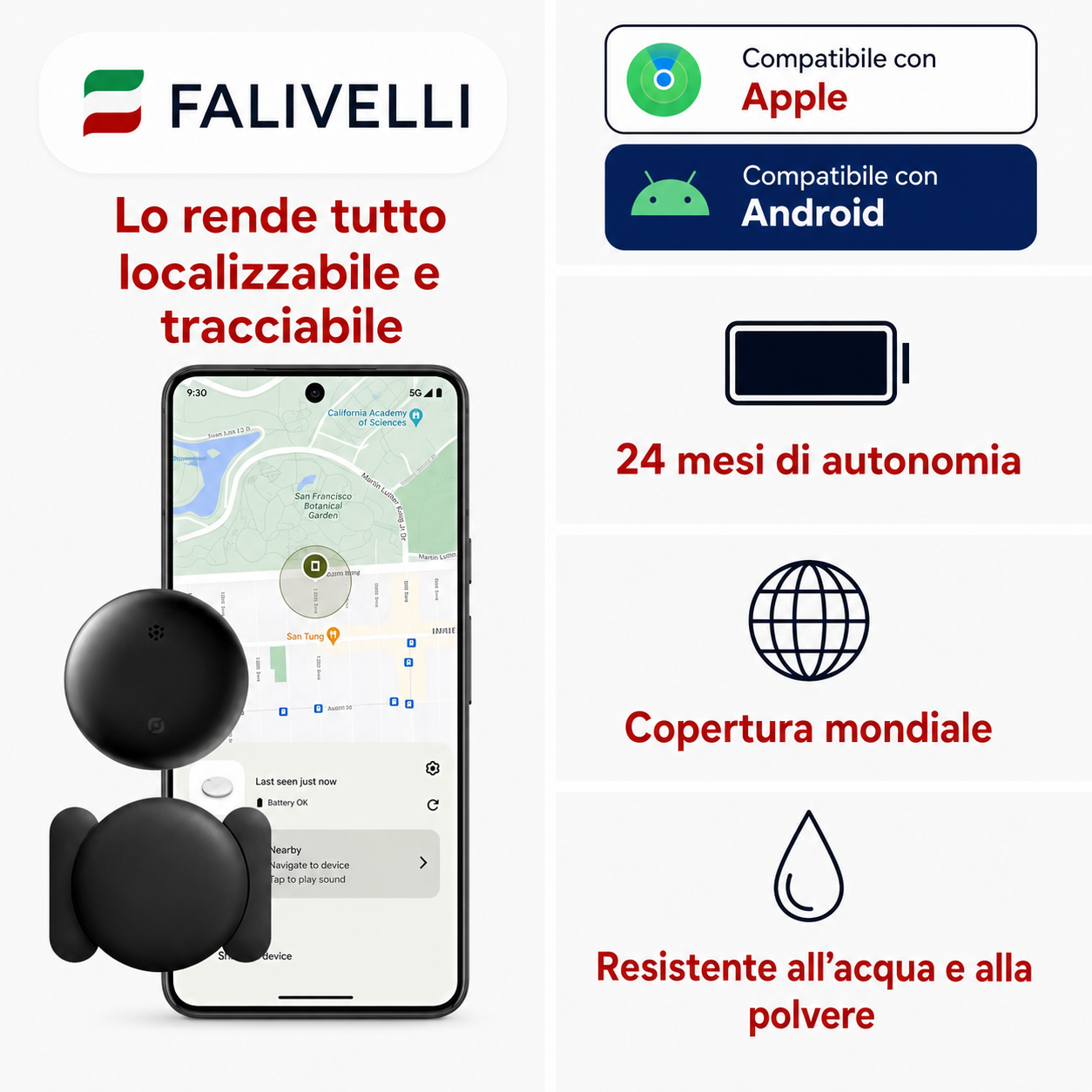 Confezione completa del tracker GPS con supporto standard, supporto magnetico e set di 5 batterie CR2032 incluse