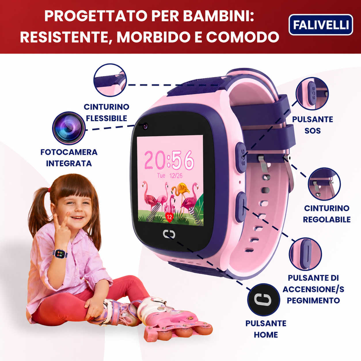 Dettaglio cinturino in silicone anallergico dello smartwatch GPS FALIVELLI per bambini