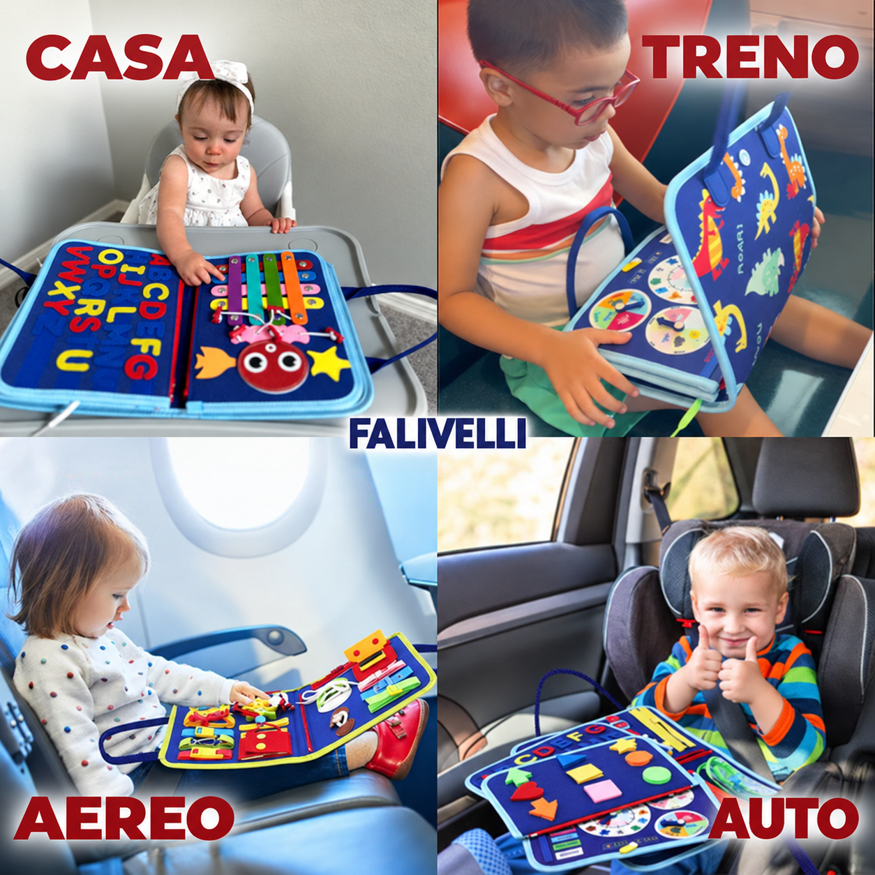 Bambino concentrato che impara giocando con il pannello Montessori