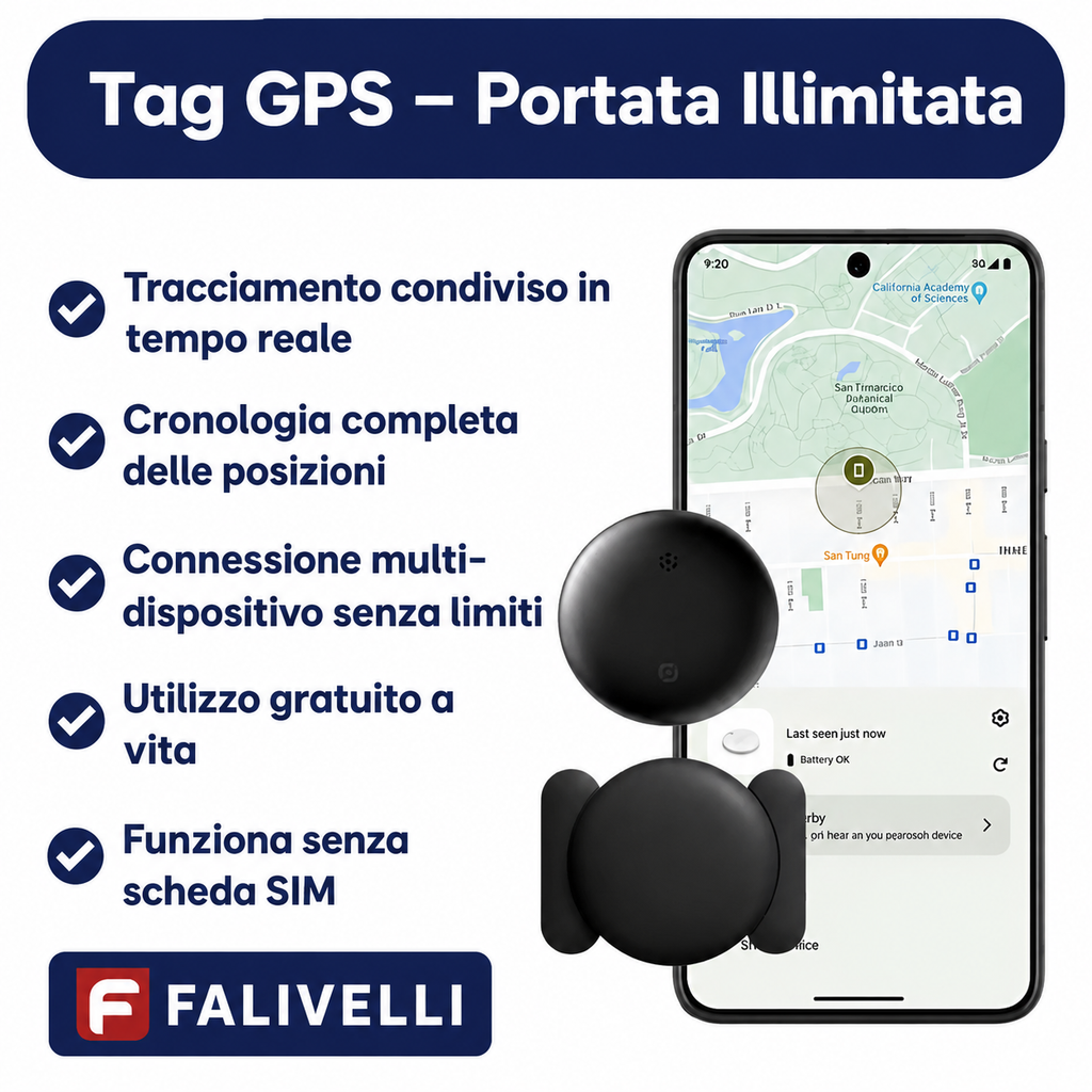 Confezione completa del tracker GPS: dispositivo, supporto standard, supporto magnetico e set batterie CR2032