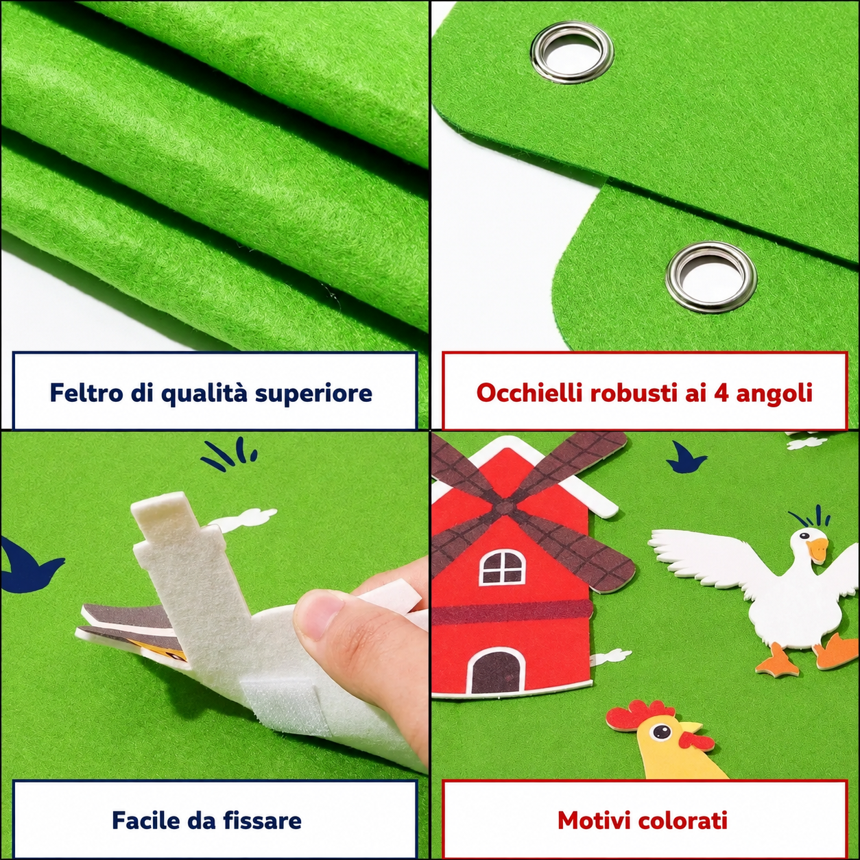Elementi riposizionabili del pannello in feltro Montessori Fattoria per gioco sensoriale e creativo