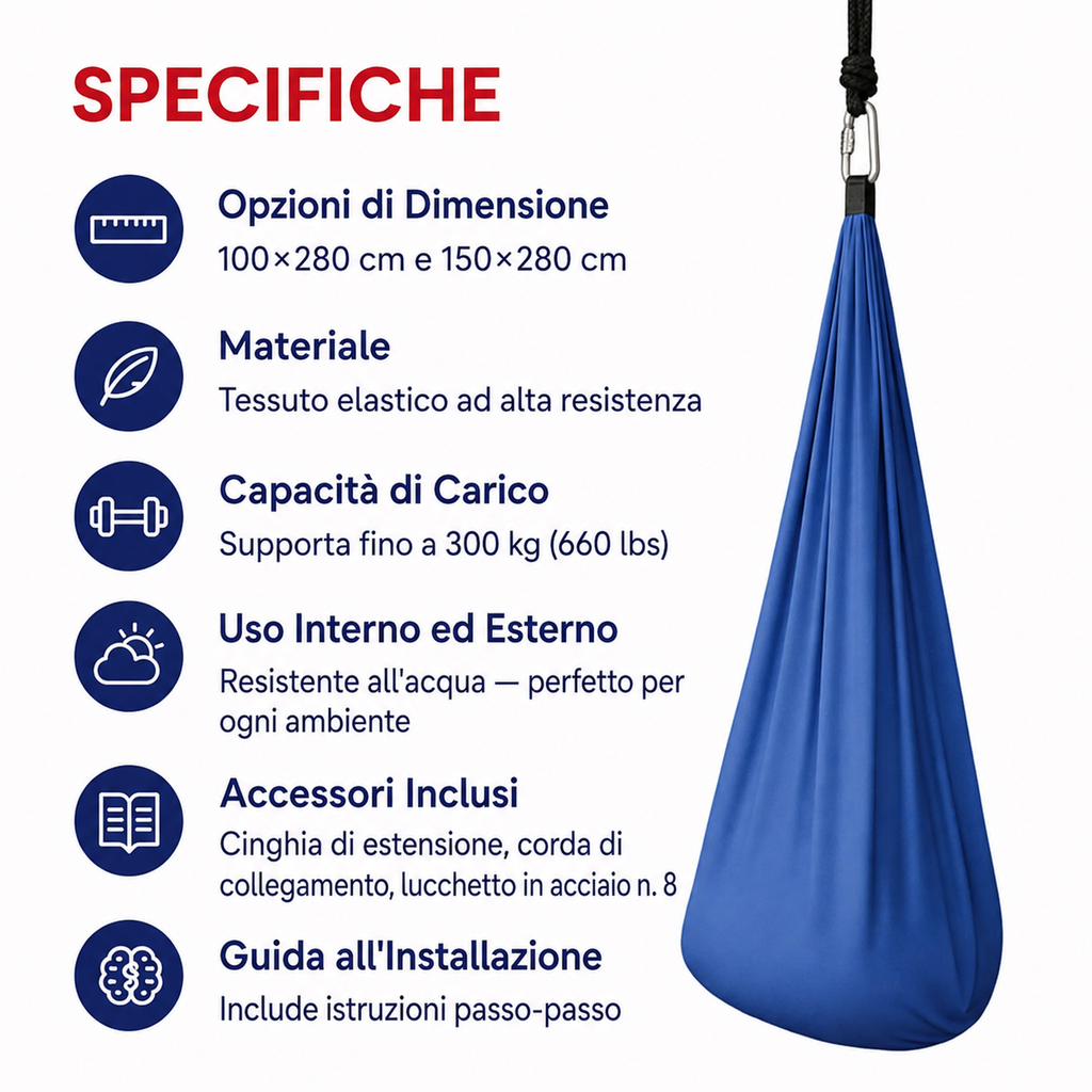 Altalena sensoriale azzurra installata in sala giochi, offrendo supporto emotivo ai bambini