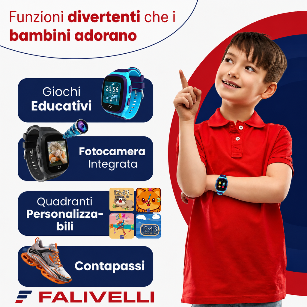 Smartwatch GPS FALIVELLI in tre colori: Nero, Blu e Rosa per bambini