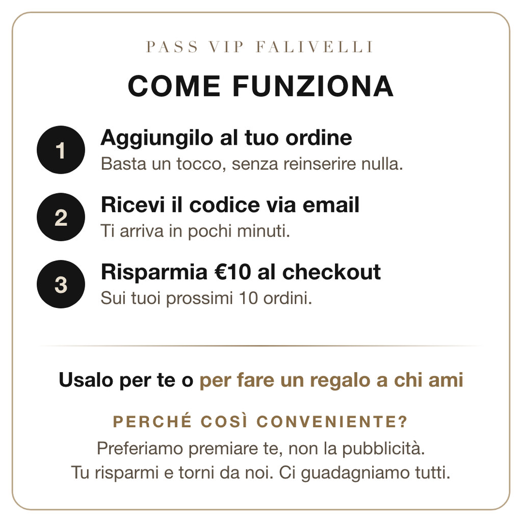 Come funziona il Pass VIP Falivelli: aggiungilo, ricevi il codice via email, risparmia €10 sui prossimi 10 ordini